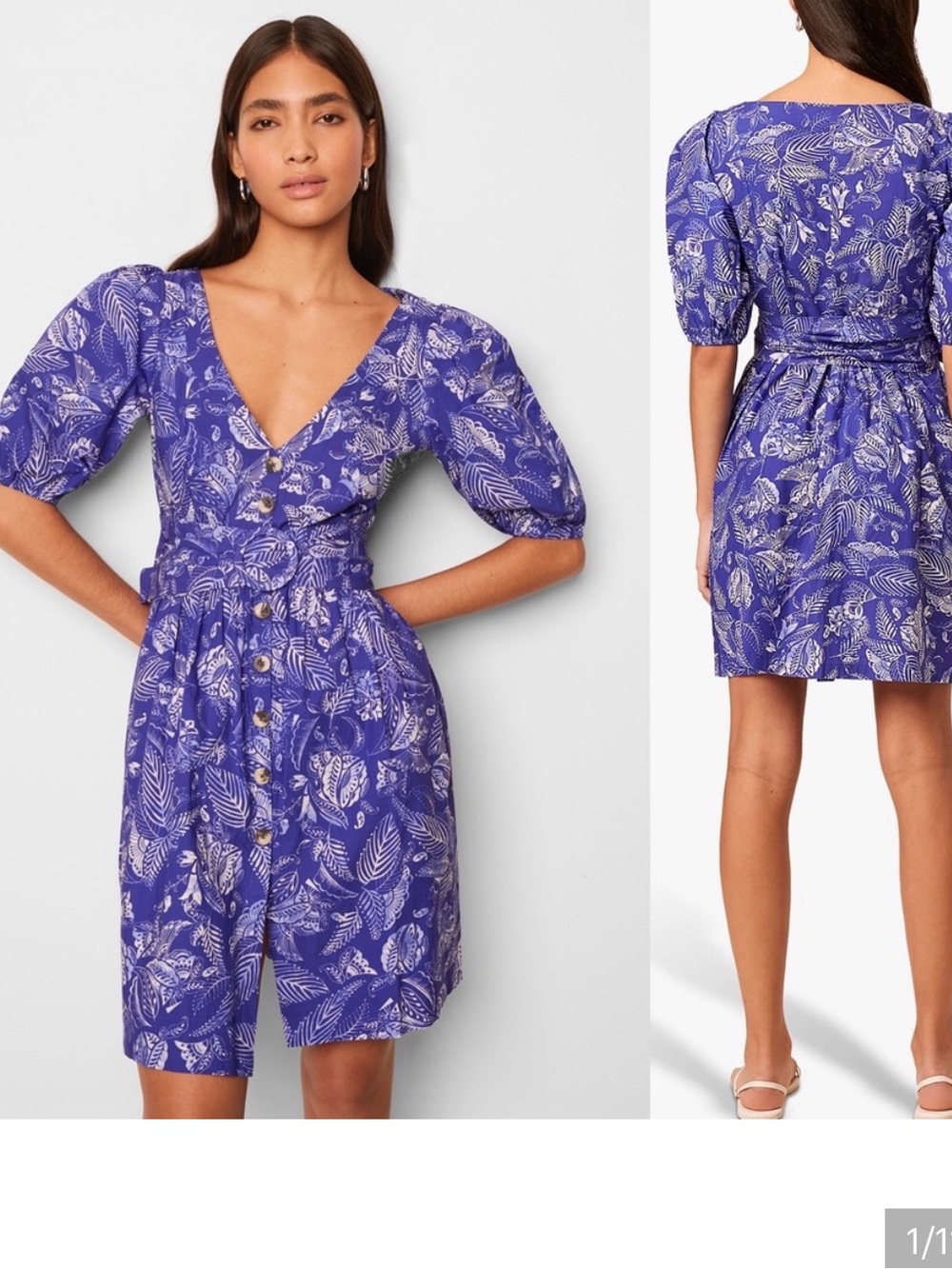 French Connection Blue Floral V-Neck belted short-sleeved mini cocktail Dress